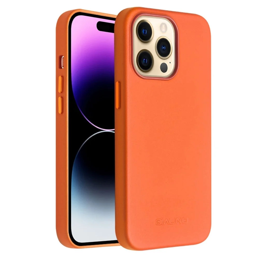 QIALINO Magnetic Phone Case for iPhone 14 Pro Max Protective Anti-Fall Case Genuine Leather Coated Shockproof PC Case - Orange - 1