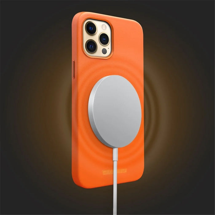 QIALINO Magnetic Phone Case for iPhone 14 Pro Max Protective Anti-Fall Case Genuine Leather Coated Shockproof PC Case - Orange - 3