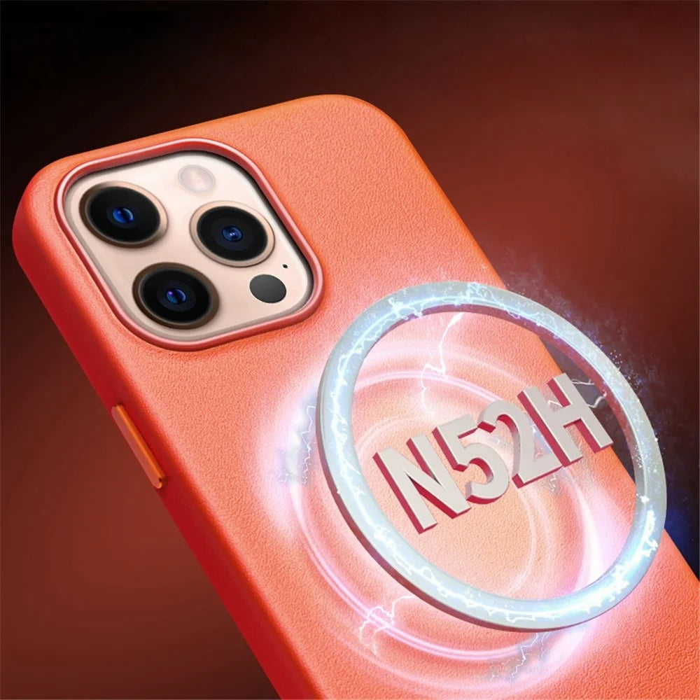 QIALINO Shockproof Case for iPhone 14 Pro Magnetic Phone Case Genuine Leather Hard PC Anti-Fall Case - Orange - 4