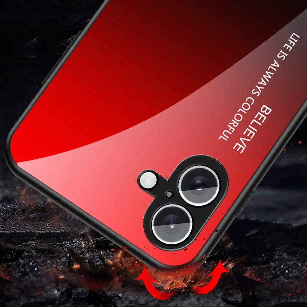 For iPhone 16 Case Anti-Scratch Tempered Glass + PC+TPU Phone Cover - Gradient Red Black - 3