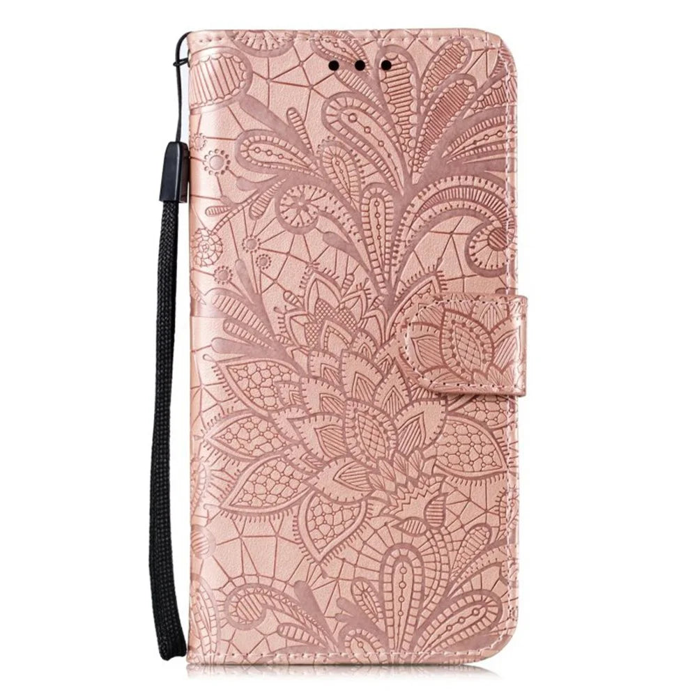 For Samsung Galaxy S24 FE Case Lace Flowers PU Leather Flip Wallet Phone Cover - Rose Gold - 5