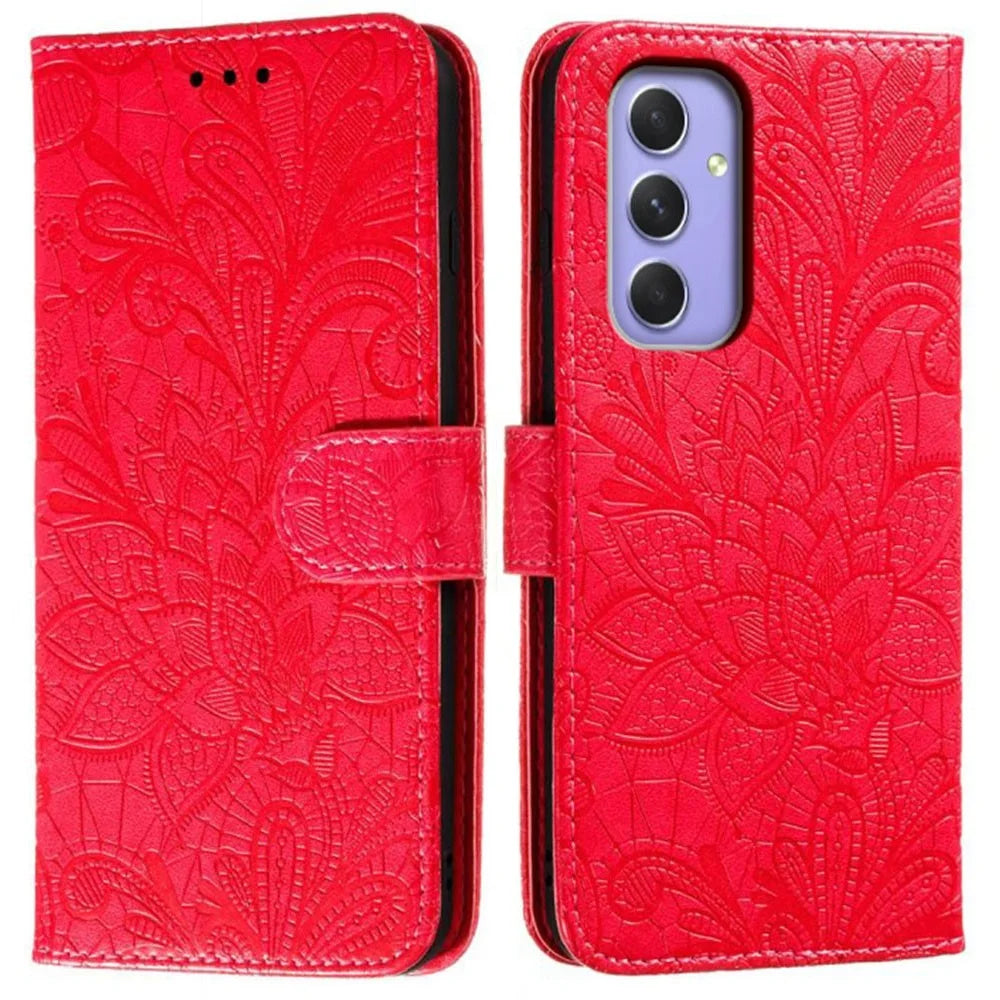 For Samsung Galaxy A55 5G Case Lace Flowers PU Leather Flip Wallet Phone Cover - Red - 1