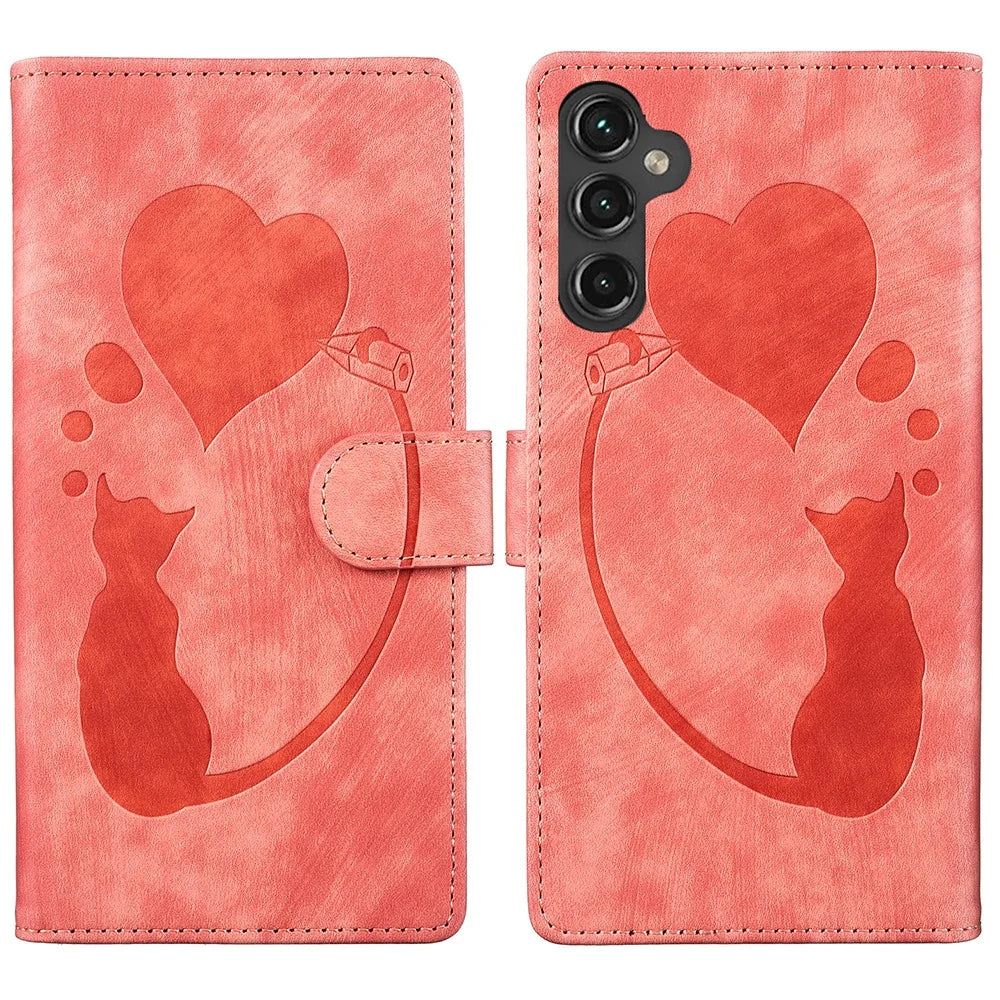 For Samsung Galaxy S24 FE Case Heart Cat Folding Stand PU Leather Phone Cover - Pink - 1