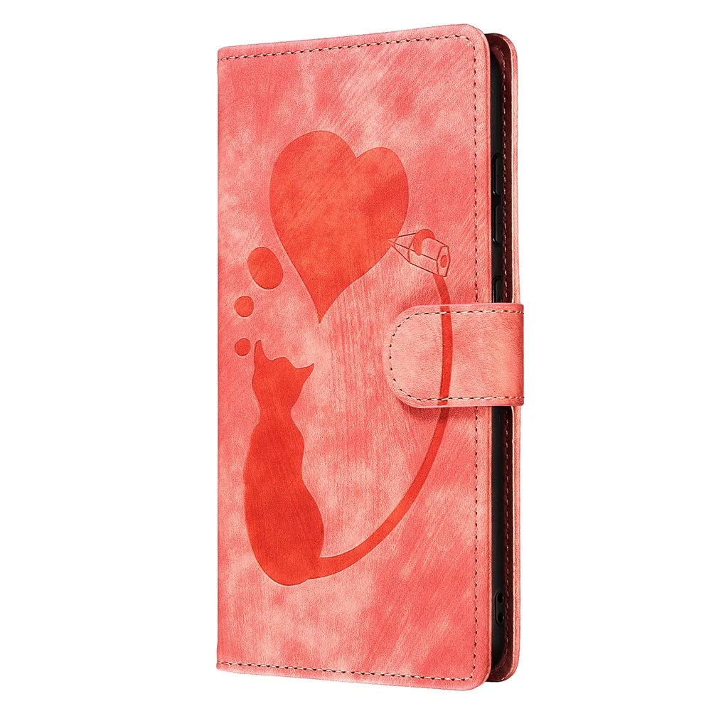 For Samsung Galaxy S24 FE Case Heart Cat Folding Stand PU Leather Phone Cover - Pink - 7