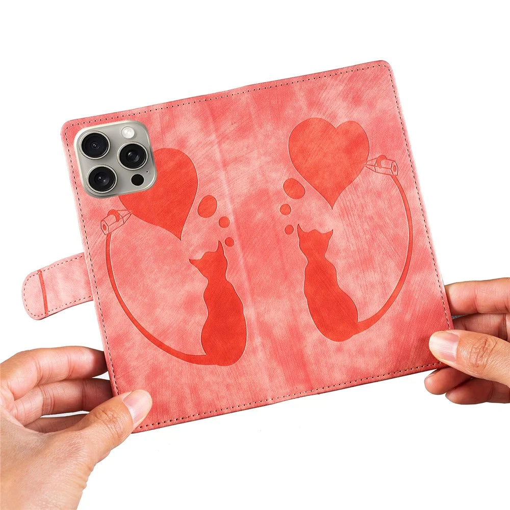 For iPhone 16 Pro Case Heart Cat Folding Stand PU Leather Phone Cover - Pink - 5