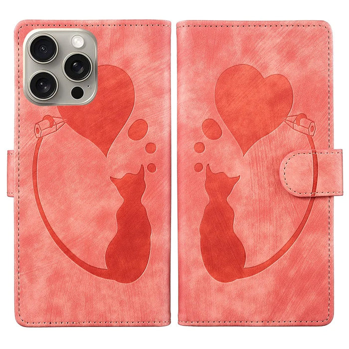 For iPhone 16 Pro Max Case Heart Cat Folding Stand PU Leather Phone Cover - Pink - 1