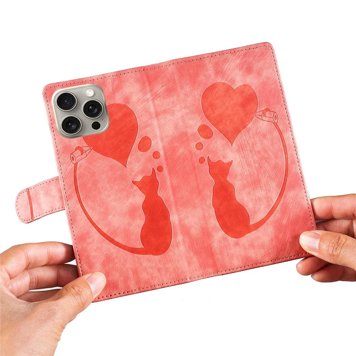 For iPhone 16 Pro Max Case Heart Cat Folding Stand PU Leather Phone Cover - Pink - 5