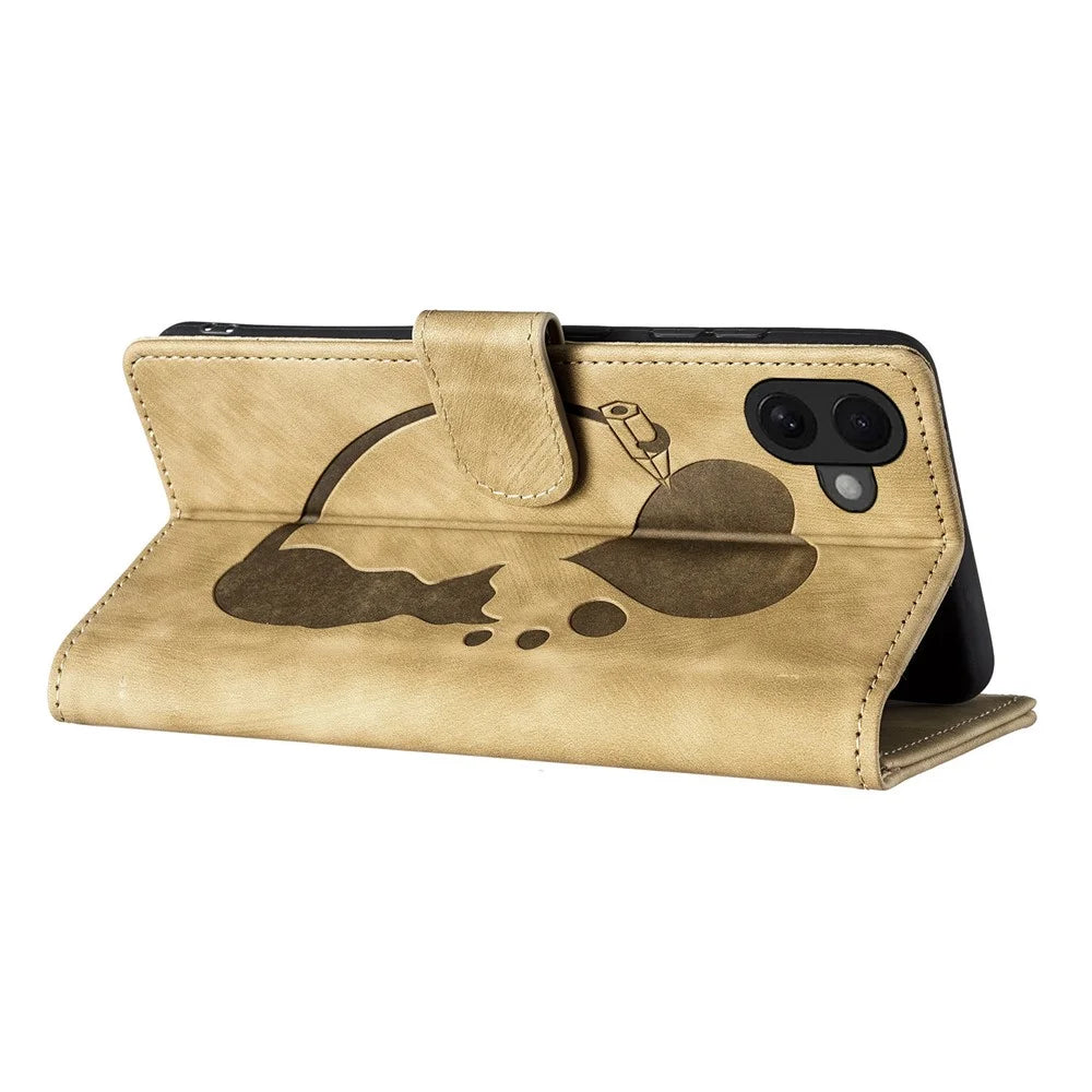 For iPhone 16 Case Heart Cat Folding Stand PU Leather Phone Cover - Light Brown - 3