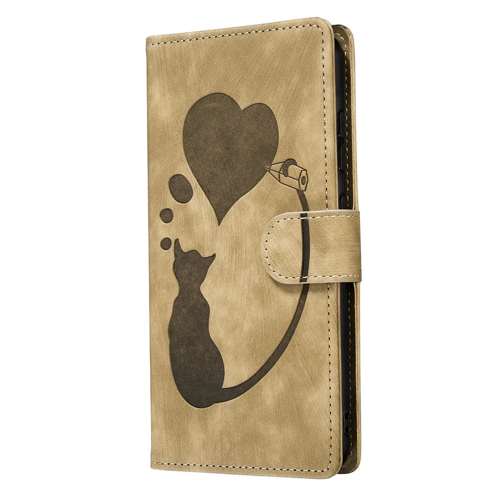 For iPhone 16 Case Heart Cat Folding Stand PU Leather Phone Cover - Light Brown - 7