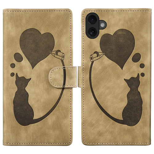 For iPhone 16 Plus Case Heart Cat Folding Stand PU Leather Phone Cover - Light Brown - 1