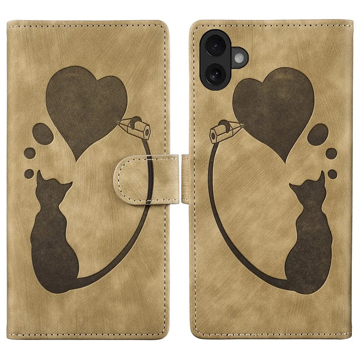 For iPhone 16 Plus Case Heart Cat Folding Stand PU Leather Phone Cover - Light Brown - 1