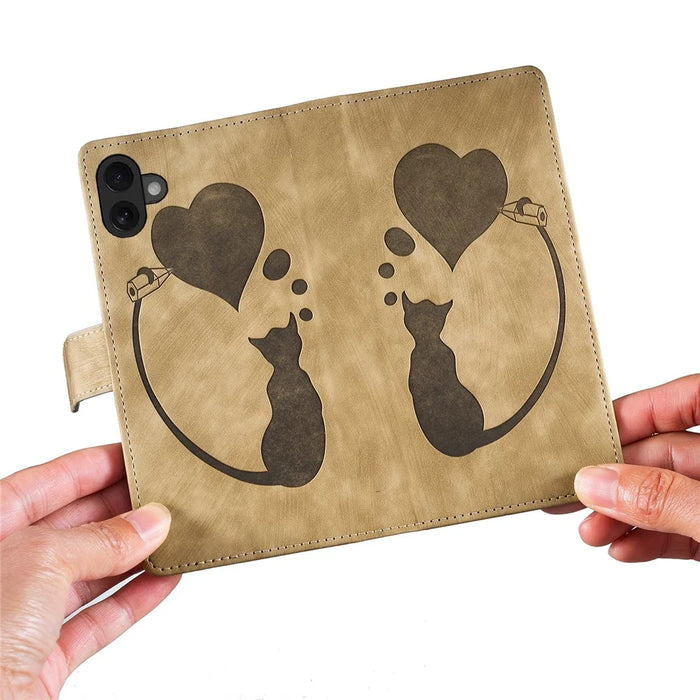 For iPhone 16 Plus Case Heart Cat Folding Stand PU Leather Phone Cover - Light Brown - 5