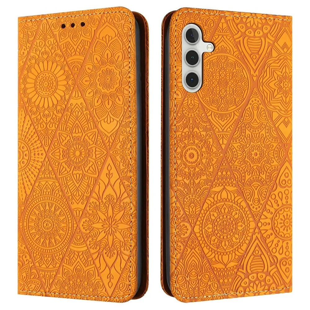 For Samsung Galaxy A26 5G / A16 5G / A16 4G Case Imprinted Flower Wallet Stand Leather Phone Cover - Yellow - 1