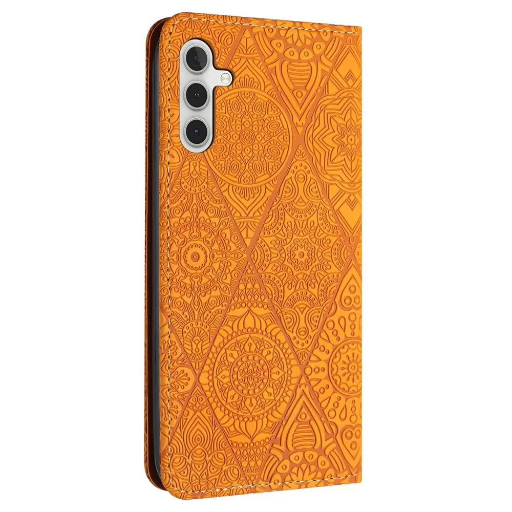 For Samsung Galaxy A26 5G / A16 5G / A16 4G Case Imprinted Flower Wallet Stand Leather Phone Cover - Yellow - 6