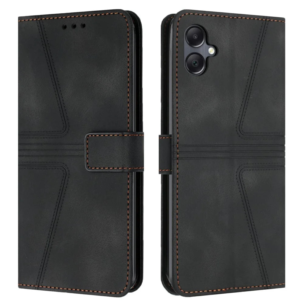 For Samsung Galaxy A06 4G Case Triangle Imprinted Anti-Scratch Phone Wallet Cover - Black - 1