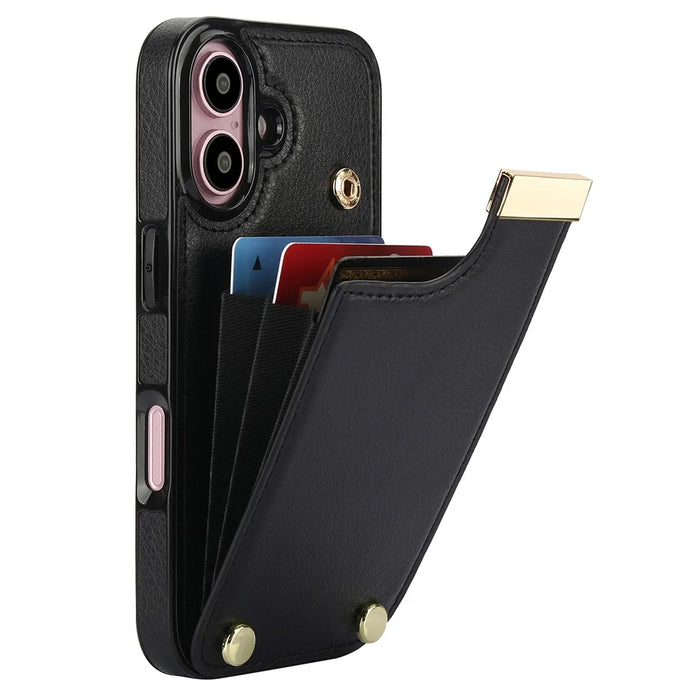 For iPhone 16 Case TPU+PU Leather Hardware Decor Phone Cover with Card Holder - Black - 1