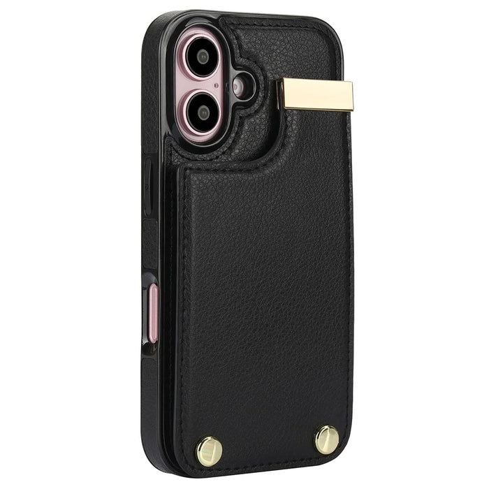 For iPhone 16 Case TPU+PU Leather Hardware Decor Phone Cover with Card Holder - Black - 2