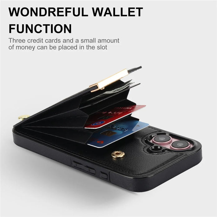 For iPhone 16 Case TPU+PU Leather Hardware Decor Phone Cover with Card Holder - Black - 4