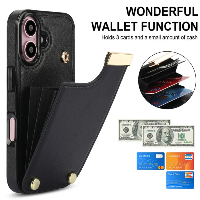 For iPhone 16 Case TPU+PU Leather Hardware Decor Phone Cover with Card Holder - Black - 5