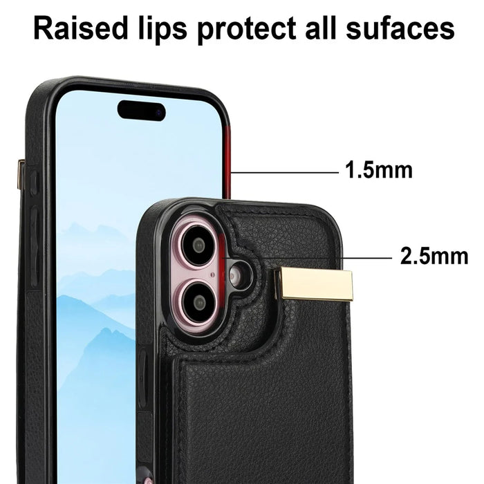 For iPhone 16 Case TPU+PU Leather Hardware Decor Phone Cover with Card Holder - Black - 6