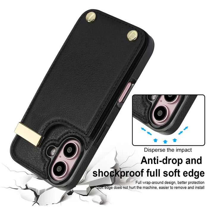 For iPhone 16 Case TPU+PU Leather Hardware Decor Phone Cover with Card Holder - Black - 7