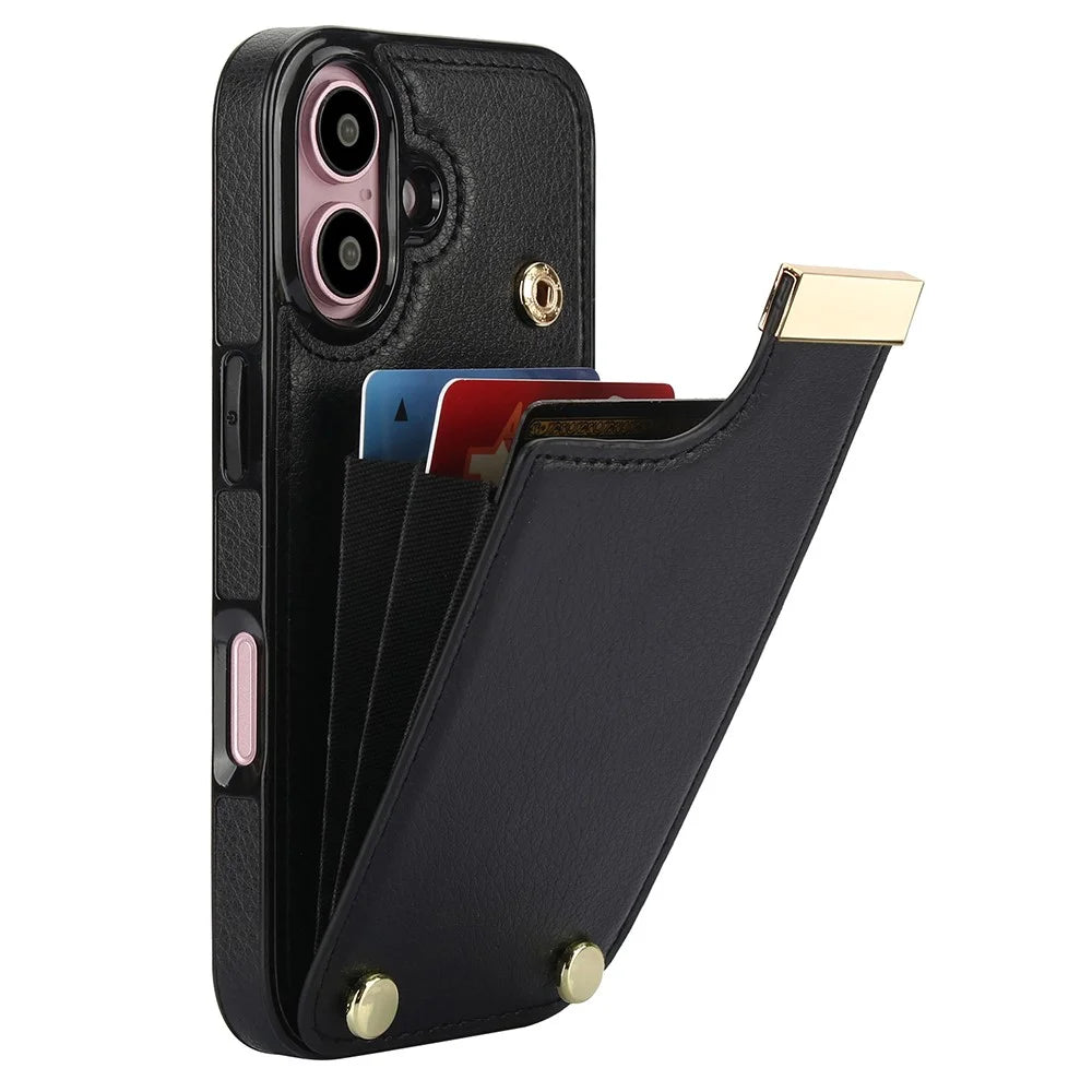 For iPhone 16 Plus Case TPU+PU Leather Hardware Decor Phone Cover with Card Holder - Black - 1