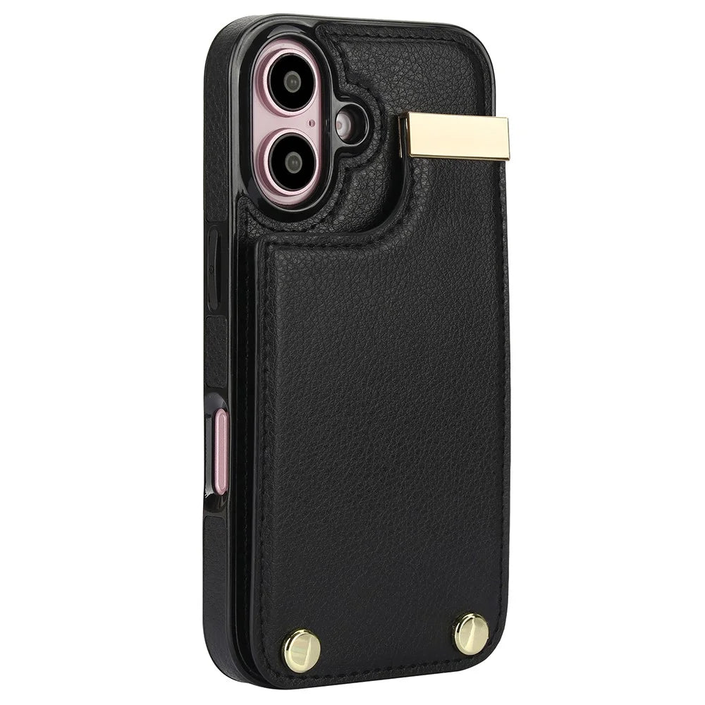 For iPhone 16 Plus Case TPU+PU Leather Hardware Decor Phone Cover with Card Holder - Black - 2