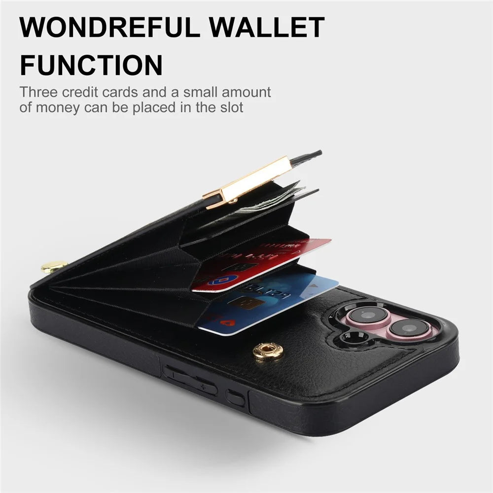 For iPhone 16 Plus Case TPU+PU Leather Hardware Decor Phone Cover with Card Holder - Black - 4