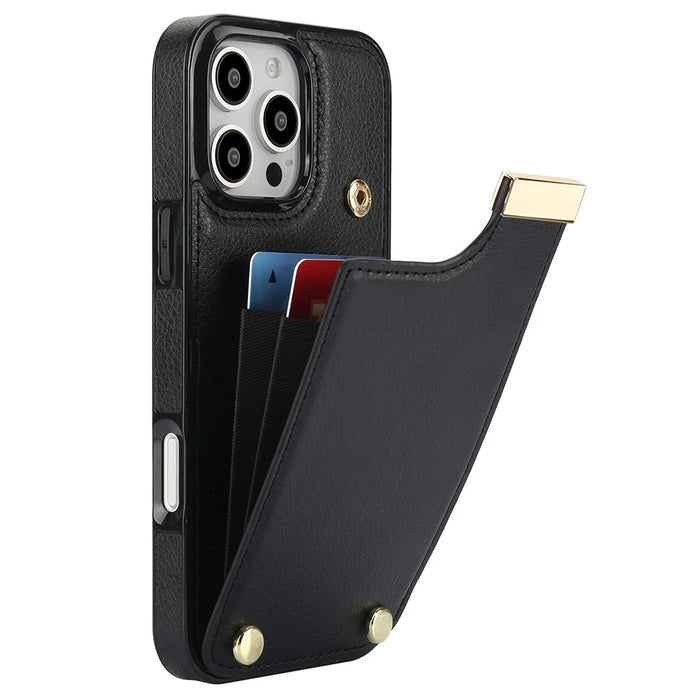 For iPhone 16 Pro Case TPU+PU Leather Hardware Decor Phone Cover with Card Holder - Black - 1