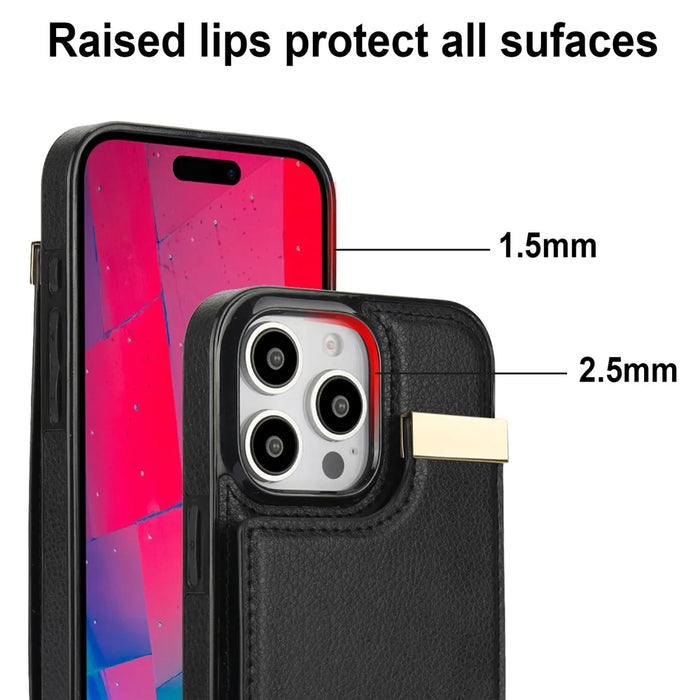 For iPhone 16 Pro Case TPU+PU Leather Hardware Decor Phone Cover with Card Holder - Black - 6
