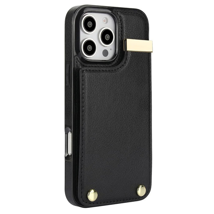 For iPhone 16 Pro Max Case TPU+PU Leather Hardware Decor Phone Cover with Card Holder - Black - 2