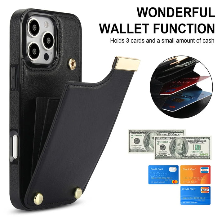 For iPhone 16 Pro Max Case TPU+PU Leather Hardware Decor Phone Cover with Card Holder - Black - 5