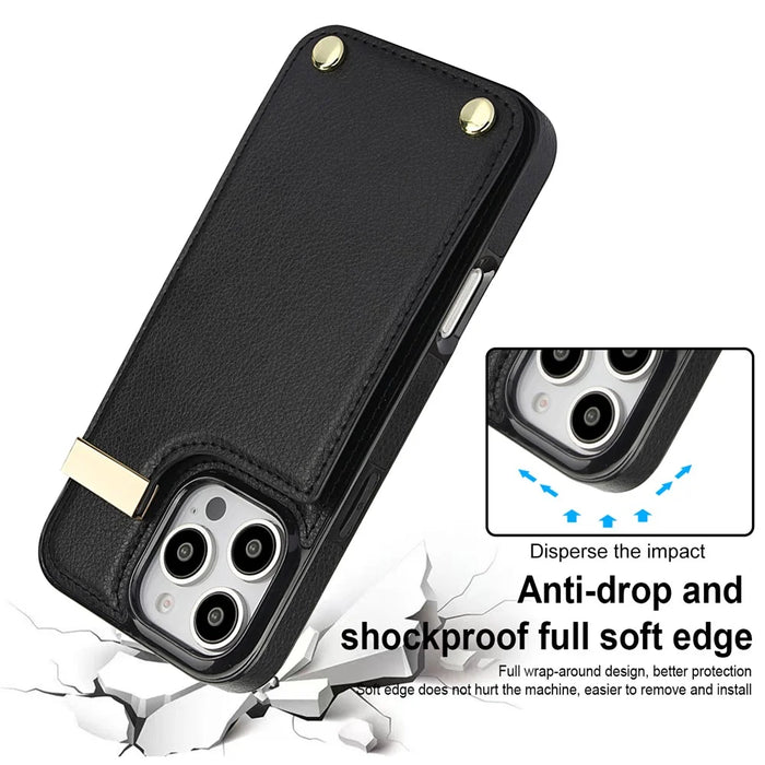 For iPhone 16 Pro Max Case TPU+PU Leather Hardware Decor Phone Cover with Card Holder - Black - 7