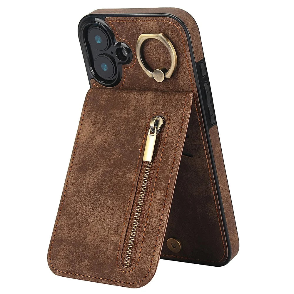 For iPhone 16 Case RFID Blocking Ring Kickstand Retro Leather+TPU Anti-fall Phone Cover - Brown - 1