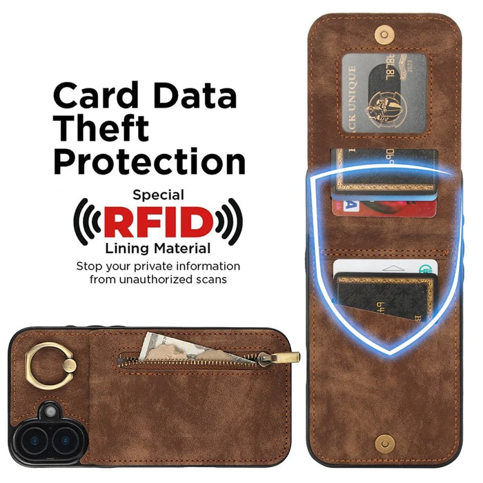 For iPhone 16 Case RFID Blocking Ring Kickstand Retro Leather+TPU Anti-fall Phone Cover - Brown - 4