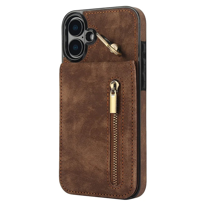 For iPhone 16 Plus Case RFID Blocking Ring Kickstand Retro Leather+TPU Anti-fall Phone Cover - Brown - 2