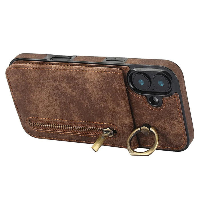 For iPhone 16 Plus Case RFID Blocking Ring Kickstand Retro Leather+TPU Anti-fall Phone Cover - Brown - 3