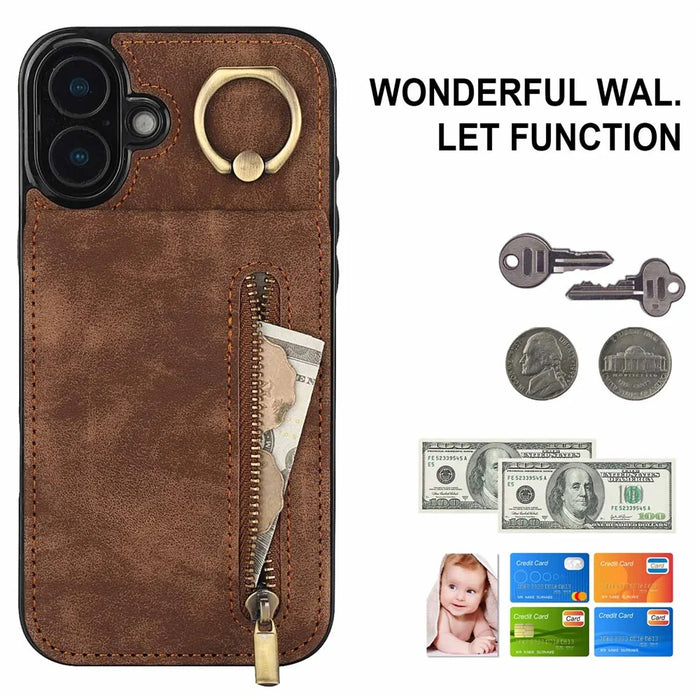 For iPhone 16 Plus Case RFID Blocking Ring Kickstand Retro Leather+TPU Anti-fall Phone Cover - Brown - 5