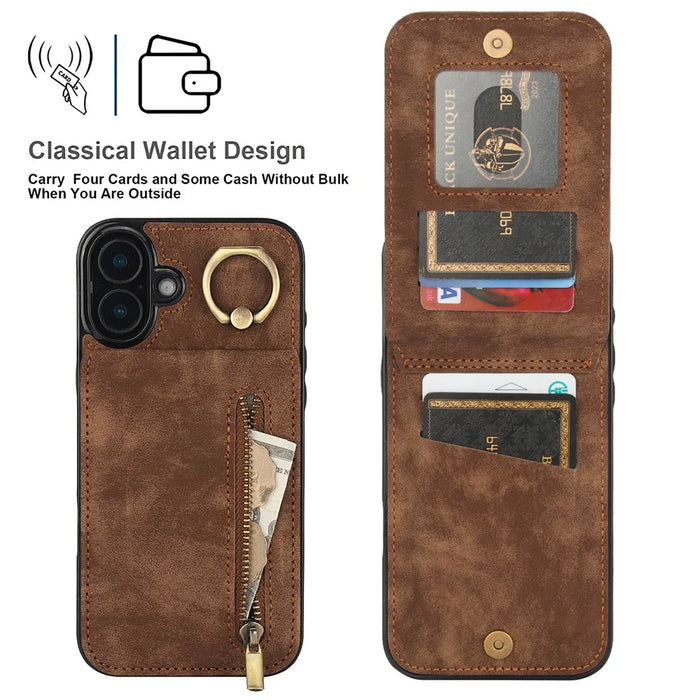 For iPhone 16 Plus Case RFID Blocking Ring Kickstand Retro Leather+TPU Anti-fall Phone Cover - Brown - 6