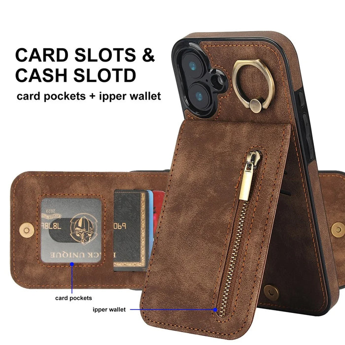 For iPhone 16 Plus Case RFID Blocking Ring Kickstand Retro Leather+TPU Anti-fall Phone Cover - Brown - 7