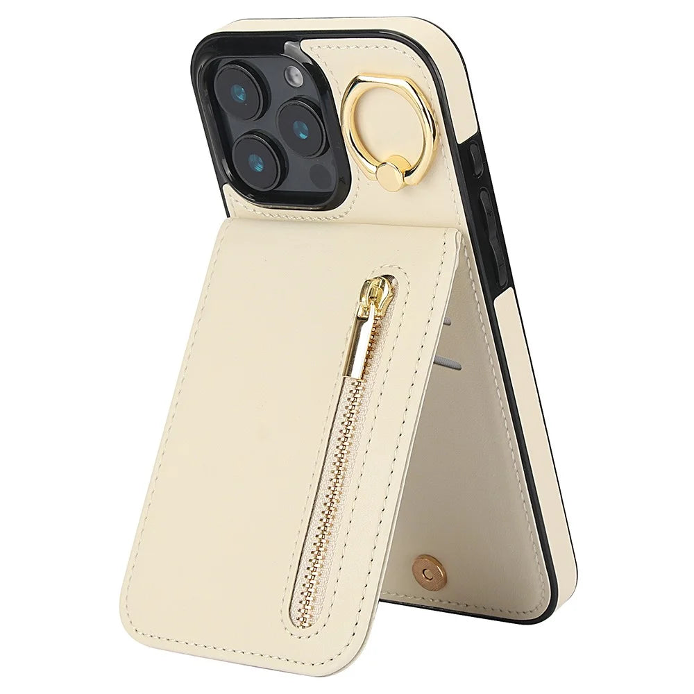 For iPhone 16 Pro Case RFID Blocking Ring Kickstand Retro Leather+TPU Anti-fall Phone Cover - Beige - 1
