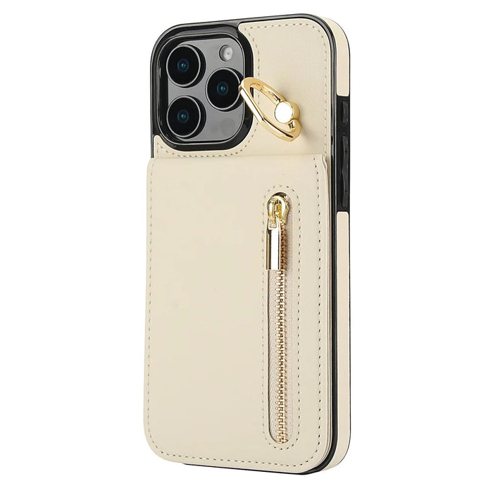 For iPhone 16 Pro Case RFID Blocking Ring Kickstand Retro Leather+TPU Anti-fall Phone Cover - Beige - 2