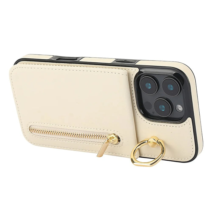 For iPhone 16 Pro Case RFID Blocking Ring Kickstand Retro Leather+TPU Anti-fall Phone Cover - Beige - 3