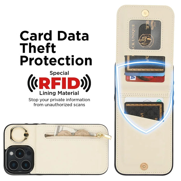 For iPhone 16 Pro Case RFID Blocking Ring Kickstand Retro Leather+TPU Anti-fall Phone Cover - Beige - 4