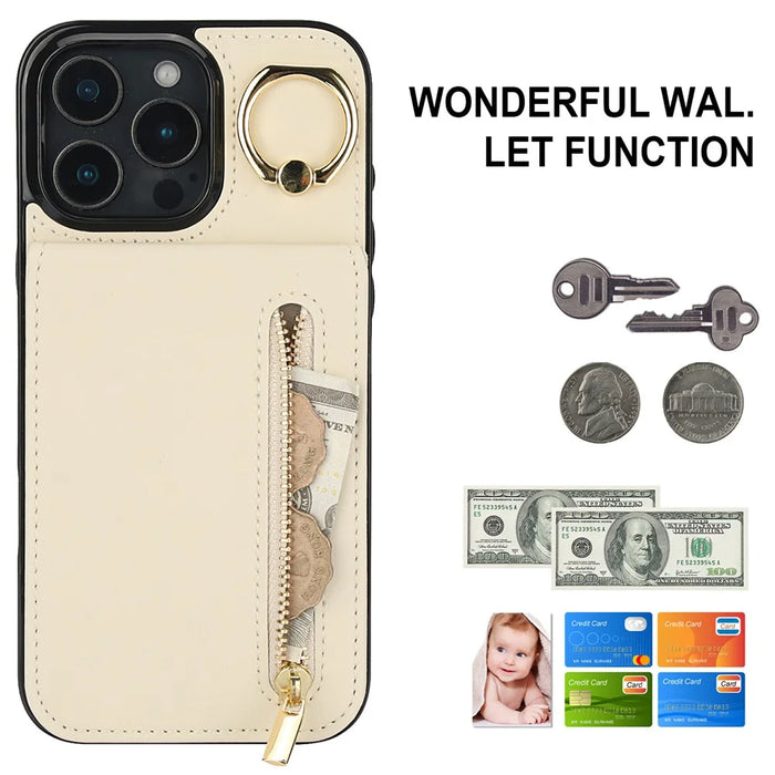 For iPhone 16 Pro Case RFID Blocking Ring Kickstand Retro Leather+TPU Anti-fall Phone Cover - Beige - 5