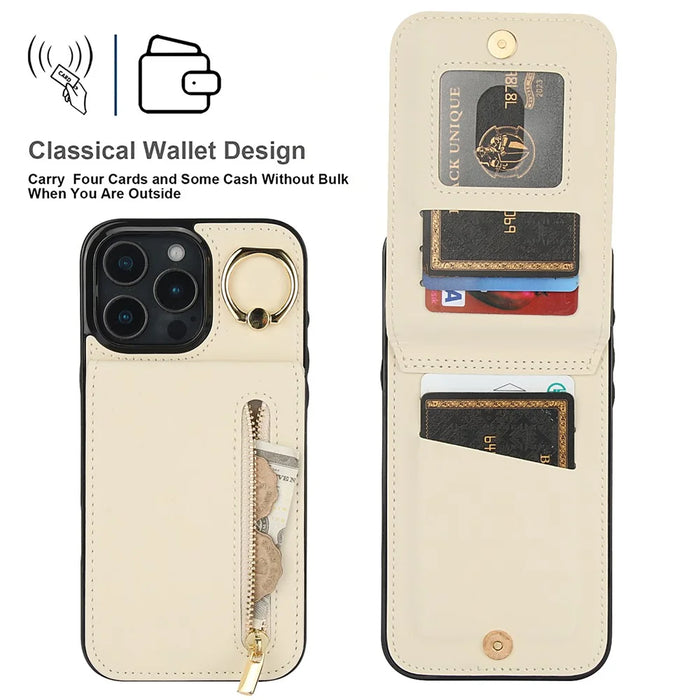 For iPhone 16 Pro Case RFID Blocking Ring Kickstand Retro Leather+TPU Anti-fall Phone Cover - Beige - 6