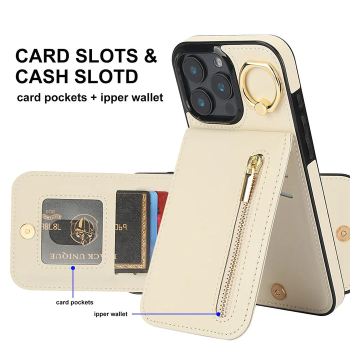 For iPhone 16 Pro Case RFID Blocking Ring Kickstand Retro Leather+TPU Anti-fall Phone Cover - Beige - 7