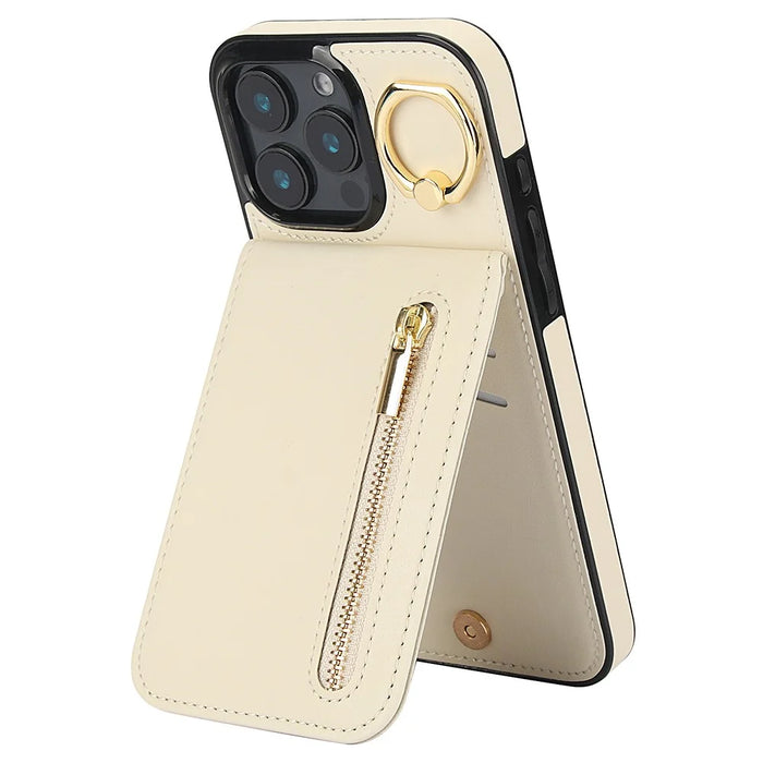 For iPhone 16 Pro Max Case RFID Blocking Ring Kickstand Retro Leather+TPU Anti-fall Phone Cover - Beige - 1