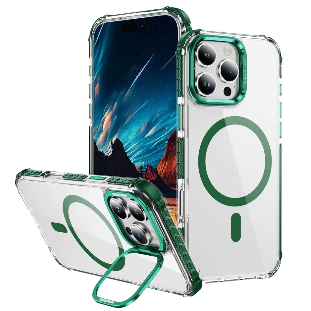 For iPhone 16 Pro Clear Phone Case with Lens Kickstand Cover Compatible with MagSafe - Green - 1