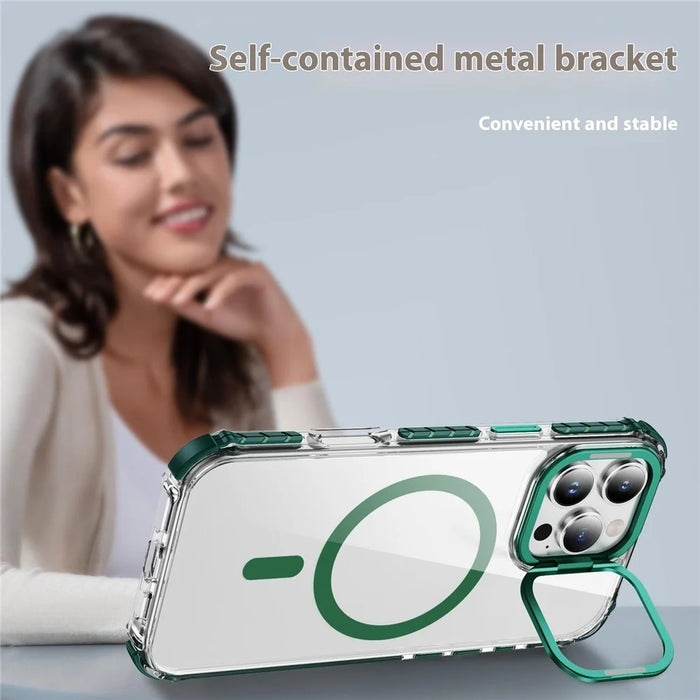 For iPhone 16 Pro Clear Phone Case with Lens Kickstand Cover Compatible with MagSafe - Green - 3